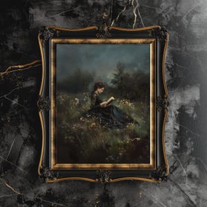 May include: A framed painting of a woman in a black dress sitting in a field of wildflowers and reading a book. The painting is set against a dark, moody background.