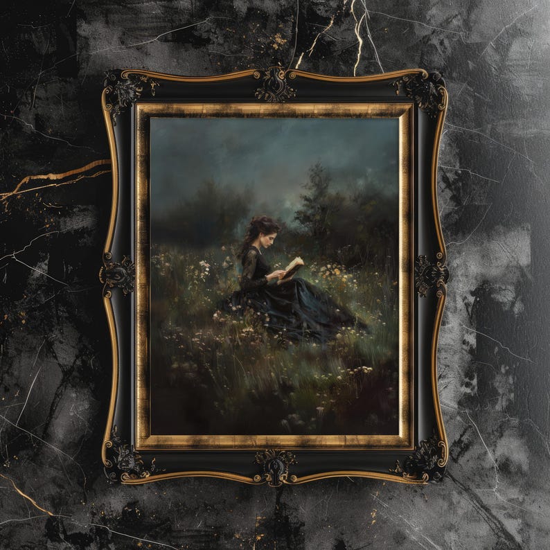 May include: A framed painting of a woman in a black dress sitting in a field of wildflowers and reading a book. The painting is set against a dark, moody background.
