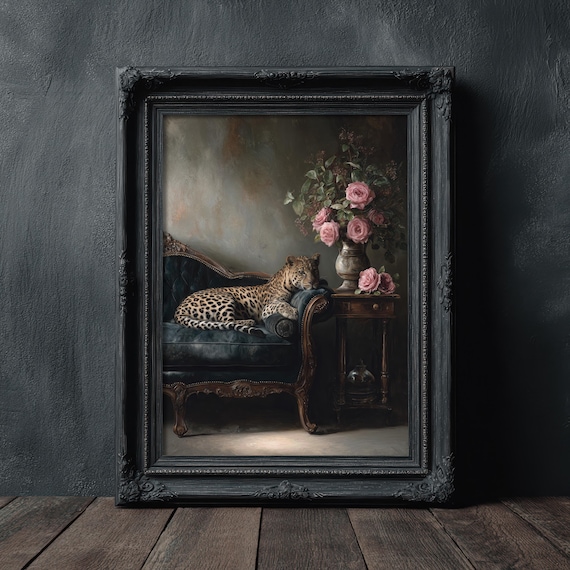 Moody Floral Leopard Wall Art Print, Dark Academia Decor, Classic Vintage Animal Oil Painting, Quiet Luxury Print, Statement Art, Maximalist