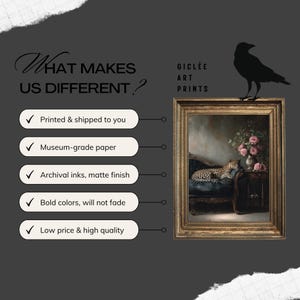 May include: A framed gicl&eacute;e art print depicting a leopard on a blue chaise lounge, with pink roses on a table. The print is in a gold frame. Text includes "What Makes Us Different?" and "Gicl&eacute;e Art Prints".