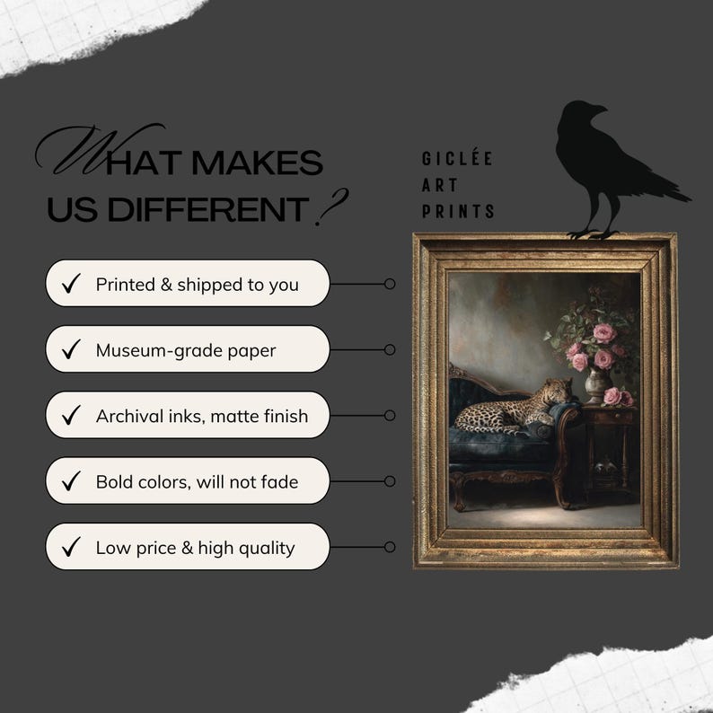 May include: A framed gicl&eacute;e art print depicting a leopard on a blue chaise lounge, with pink roses on a table. The print is in a gold frame. Text includes "What Makes Us Different?" and "Gicl&eacute;e Art Prints".