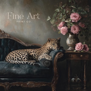 May include: A digital art print showing a leopard reclining on a dark blue velvet chaise longue. A vase of pink roses sits on a small wooden table. The words "Fine Art Print Co." are displayed in the upper left corner.