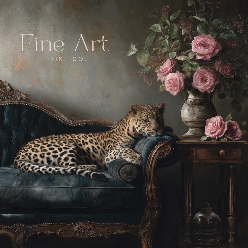 May include: A digital art print showing a leopard reclining on a dark blue velvet chaise longue. A vase of pink roses sits on a small wooden table. The words "Fine Art Print Co." are displayed in the upper left corner.