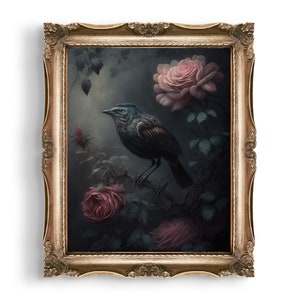 Raven and Roses Art Print | Dark Academia Prints | Goth Gift | Wall Art | Dark Cottagecore Decor | Victorian Wall Art | Whimsigoth