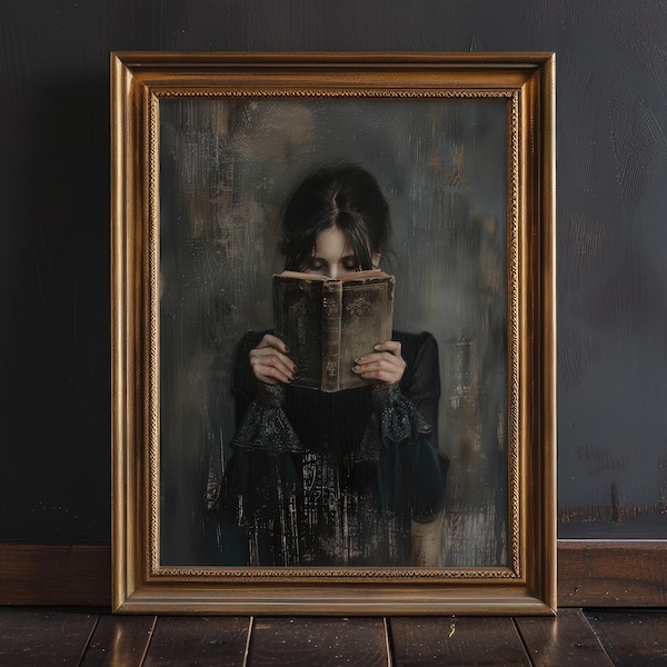Wiktoriańska kobieta czytająca książkę, wydruk ścienny, wystrój Dark Academia, grafika ścienna Librariancore, nastrojowy obraz w kąciku czytelniczym, prezent dla miłośnika książek