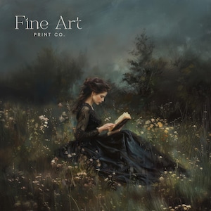May include: A woman in a black dress sits in a field of wildflowers, reading a book. The sky is overcast and the scene is moody and atmospheric.