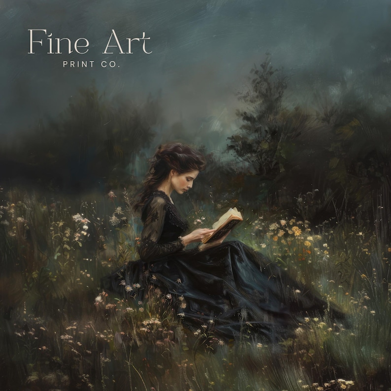 May include: A woman in a black dress sits in a field of wildflowers, reading a book. The sky is overcast and the scene is moody and atmospheric.