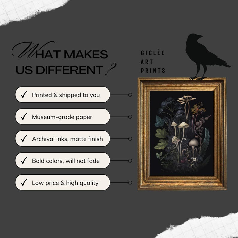 K&ouml;nnte beinhalten: Gerahmter Gicl&eacute;e-Kunstdruck mit einer dunklen botanischen Illustration von Pilzen und Bl&auml;ttern. Der Druck befindet sich in einem goldfarbenen, verzierten Rahmen. Der Text links lautet "WHAT MAKES US DIFFERENT?" und listet Merkmale auf.