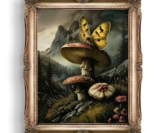 Yellow Moth Mountainside Mushroom Print, Dark Cottagecore Wall Art, Dark Moody Nature Oil Painting, Mushroom Decor, Dark Academia Decor