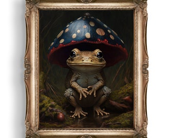 Dark Frog Mushroom Print | Dark Cottagecore Decor | Goth Gift | Wall Art | Goblincore Aesthetic | Cute Frog Print