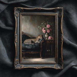 May include: An ornate framed painting shows a leopard on a teal chaise longue. A vase of pink roses sits on a small table. The black frame has gold detailing. The background is a muted, vintage-style interior.
