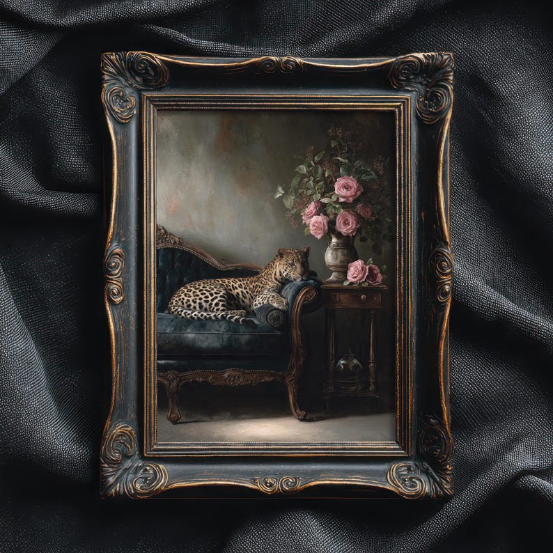 May include: An ornate framed painting shows a leopard on a teal chaise longue. A vase of pink roses sits on a small table. The black frame has gold detailing. The background is a muted, vintage-style interior.