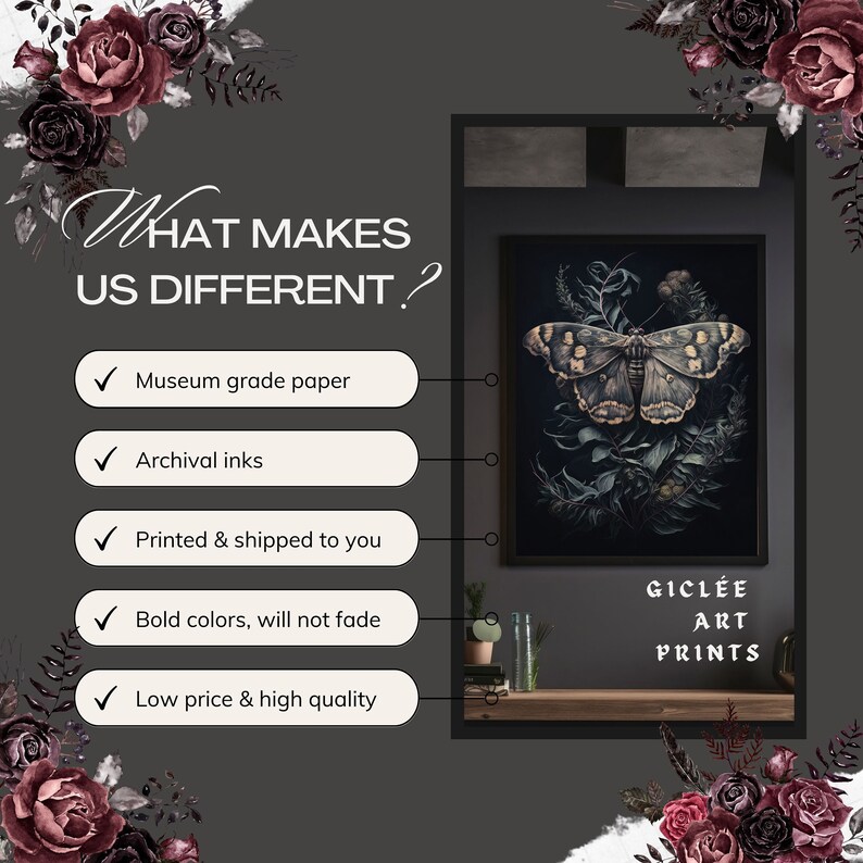May include: A black and white illustration of a butterfly on a dark background with the text "Gicl&eacute;e Art Prints". The image is surrounded by a white border. The text "What Makes Us Different?" is in white text on a dark gray background. Five check marks with white text on a white background highlight the following features: Museum grade paper, Archival inks, Printed & shipped to you, Bold colors, will not fade, Low price & high quality.