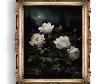 weiße Rosen | Dark Academia Wandkunst | Gothic Geschenke | Stimmungsvolle Wandkunst | Dark Cottagecore Bild | Gothic Wohnkultur | Dunkle botanische Drucke