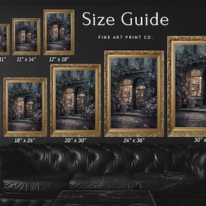 May include: A size guide displays framed art prints in various sizes, from 8" x 10" to 30" x 40". The prints depict a European street scene with a shop, illuminated windows, and floral accents, all in ornate gold frames.