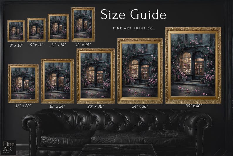 May include: A size guide displays framed art prints in various sizes, from 8" x 10" to 30" x 40". The prints depict a European street scene with a shop, illuminated windows, and floral accents, all in ornate gold frames.