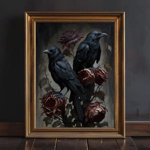Mörka, stämningsfulla Ravens and Roses konsttryck, mörk Cottagecore-dekor, mörk Academia-dekor, gotisk målning, häxig rumsdekor bild 1