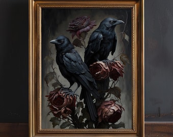 Dark Moody Ravens and Roses Art Print, Dark Cottagecore Decor, Dark Academia Decor, Gothic Painting Print, Witchy Room Decor