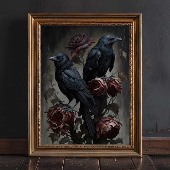 Dark Moody Ravens and Roses Art Print, Dark Cottagecore Decor, Dark Academia Decor, Gothic Painting Print, Witchy Room Decor