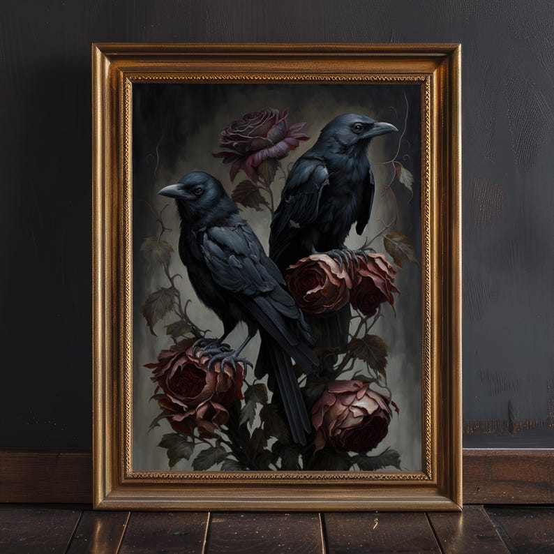 Mörka, stämningsfulla Ravens and Roses konsttryck, mörk Cottagecore-dekor, mörk Academia-dekor, gotisk målning, häxig rumsdekor bild 1