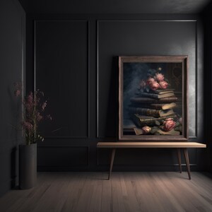 May include: A framed print of a still life featuring a stack of antique books with pink roses on top, set against a dark background.