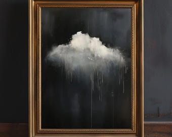 Dipinto ad olio con nuvole scure e malinconiche, opera d'arte astratta in stile Dark Academia da appendere al muro.