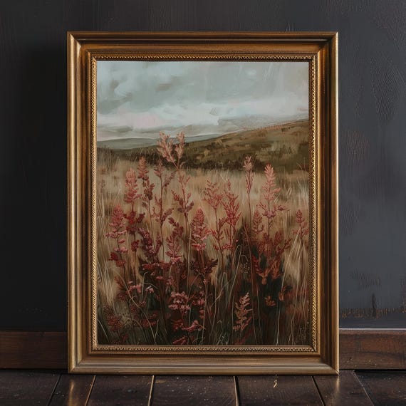 Moody Rustic Landscape Print, Vintage Physical Wall Art, Maroon Wildflower Painting, Moody Red Pastoral Scenery Decor, Dark Academia Decor