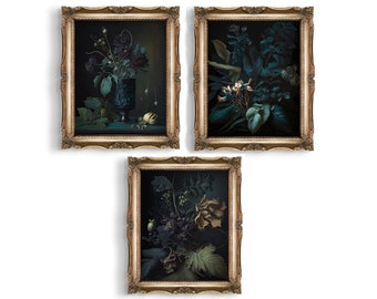 Donkere botanische galerijwandset | Set van 3 prints | Donker goblincore-decor | Gothic-cadeau | Muurkunst | Donkere galerijwandset | Humeurige bloemsierkunst