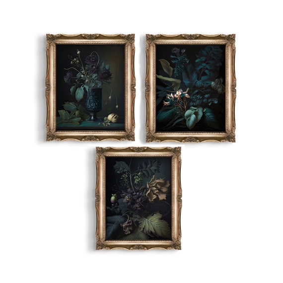 Dark Botanical Gallery Wall Set | Set of 3 Prints | Dark Goblincore Decor | Goth Gift | Wall Art | Dark Gallery Wall Set | Moody Floral Art