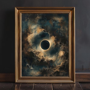 Moody Solar Eclipse Wall Art Print, Dark Academia Decor, Celestial Maximalist Oil Painting, Gothic Dark Blue Vintage Night Sky Print, Clouds