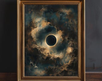 Moody Solar Eclipse Wall Art Print, Dark Academia Decor, Celestial Maximalist Oil Painting, Gothic Dark Blue Vintage Night Sky Print, Clouds