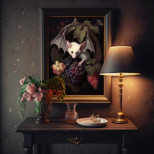 Pode incluir: Uma pintura emoldurada de um morcego branco com grandes orelhas pontudas, empoleirado em um cacho de uvas roxas e folhas verdes. A pintura est&aacute; sobre um fundo escuro e &eacute; exibida em uma parede com uma l&acirc;mpada e um vaso de flores.