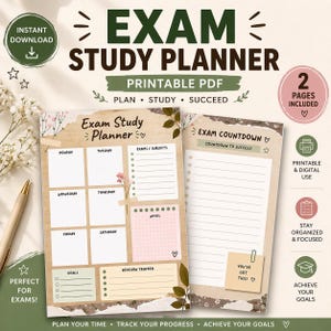 Peut inclure: Un planificateur d'étude d'examen imprimable avec un design rustique. Le planificateur comprend des sections pour les horaires quotidiens, les objectifs et un suivi des révisions. Le texte comprend "Exam Study Planner", "Printable PDF" et "Plan, Study, Succeed".