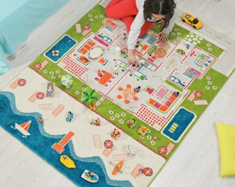 IVI 3D Beach Houses Nursery Toddler & Kids Montessori Play Mat Rug Soft, Fun, Educational, Activity, Toys, Dolls, Boys, Girls