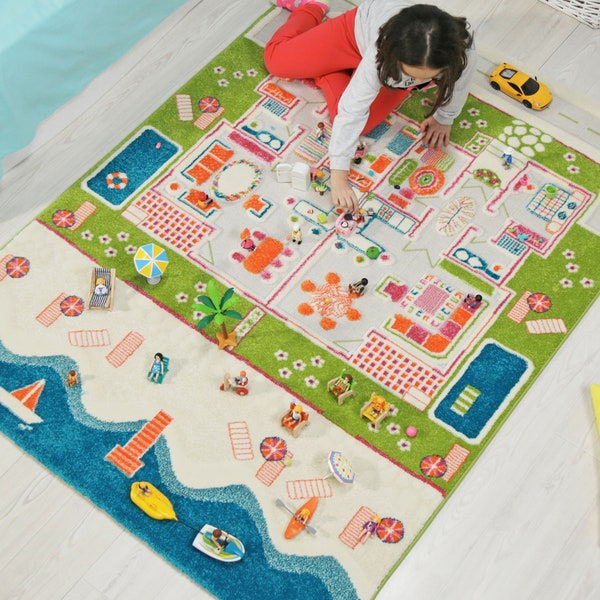 IVI 3D Beach Houses Nursery Alfombra de juego Montessori para niños pequeños y niños Alfombra suave, divertida, educativa, actividad, juguetes, muñecas, niños, niñas