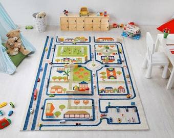 IVI 3D Traffic Blue Nursery Toddler & Kids Play Mat Rug Soft, Fun, Activity, Toys, Cars, Trucks, Boys, Girls