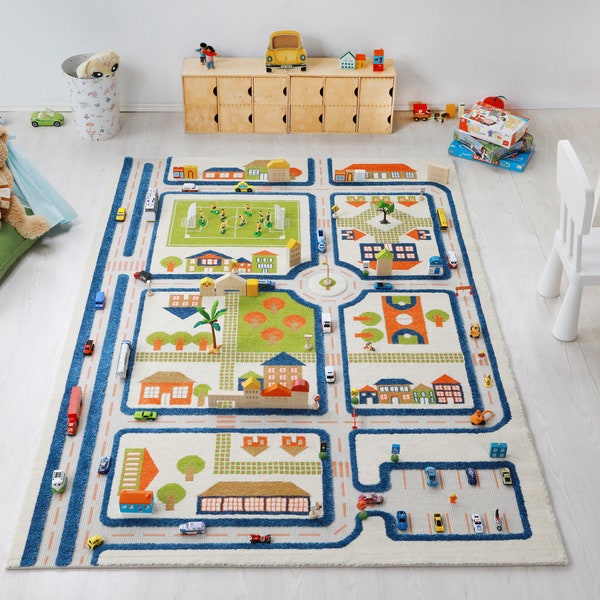 IVI 3D Traffic Blue Nursery Toddler & Kids Play Mat Rug Soft, Fun, Activity, Toys, Cars, Trucks, Boys, Girls