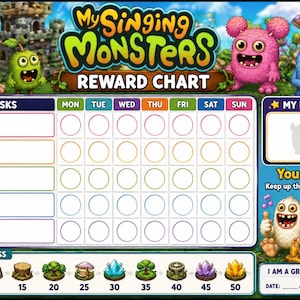 Può includere: Una tabella dei premi My Singing Monsters con una griglia per compiti e giorni della settimana. Include illustrazioni di mostri, una sezione My Reward, un tracker di progresso con icone numerate da 5 a 50 e il testo You did it!