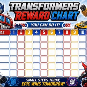 Puede incluir: Una tabla de recompensas de Transformers con Optimus Prime, Bumblebee, Megatron y un personaje rojo. La tabla incluye una cuadrícula para objetivos, columnas numeradas del 1 al 10, una sección de recompensa y el texto: Transformers Reward Chart, You Can Do It!, Small Steps Today, Epic Wins Tomorrow.