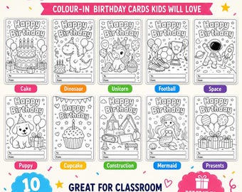 10 Printable Colour-In Birthday Cards for Kids | Foldable A4 Birthday Card PDF | Colouring Activity Cards | Instant Download