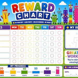 May include: A colourful reward chart featuring Numberblocks characters numbered one through ten. The chart includes sections for tasks, days of the week, a reward box, a progress tracker with points, and a section for a date and signature.
