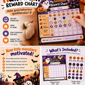 May include: A Halloween reward chart featuring a purple and orange theme with illustrations of ghosts, pumpkins, and a black cat. The chart includes rows for tasks like being kind and tidying up, with columns for days of the week and space for stickers.