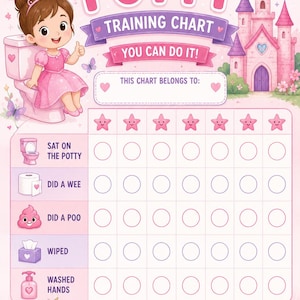 Peut inclure: Un tableau de propreté rose illustré avec un enfant sur un pot, un château et une licorne. Le texte indique POTTY TRAINING CHART, YOU CAN DO IT!, THIS CHART BELONGS TO:, SAT ON THE POTTY, DID A WEE, DID A POO, WIPED, WASHED HANDS, WELL DONE!, YOU ROCK!