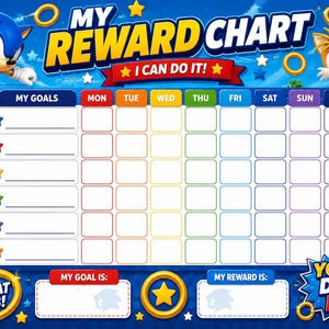 May include: A Sonic the Hedgehog themed reward chart featuring Sonic, Tails, Knuckles, and Shadow. The chart includes a grid for days of the week, a section for goals, and spaces labelled My Goal Is and My Reward Is with text Great Job and You Did It.