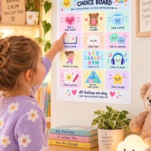 Pode incluir: Um cartaz de parede retangular intitulado Calm Down Choice Board com doze ícones ilustrados coloridos e etiquetas de texto para regulação emocional, incluindo Take a deep breath, Ask for a cuddle e Read a book.