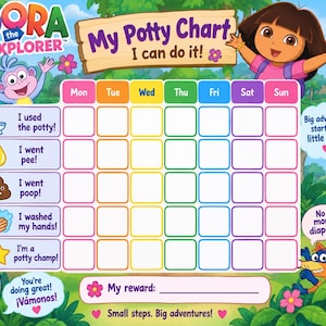 May include: A Dora the Explorer themed potty training chart featuring a weekly grid with columns for Monday through Sunday. The chart includes icons for potty usage, hand washing, and rewards, with text reading My Potty Chart, I can do it!