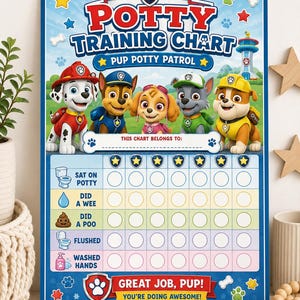 May include: A rectangular potty training chart featuring Paw Patrol characters. The top text reads POTTY TRAINING CHART PUP POTTY PATROL. Below is a grid with icons for toilet tasks and empty circles for tracking progress. The bottom text reads GREAT JOB, PUP! YOU'RE DOING AWESOME!