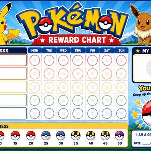 May include: A rectangular Pokemon reward chart featuring Pikachu and Eevee at the top. The chart includes a task list, a weekly calendar with columns for Monday through Sunday, a progress tracker with numbered Pokeballs, and a reward section.