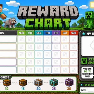 May include: A Minecraft-themed reward chart featuring Steve, a wolf, and a creeper. The chart includes a weekly task grid, a section for rewards with the text 'Keep up the amazing work!', a progress tracker with chests, and a space for a date.