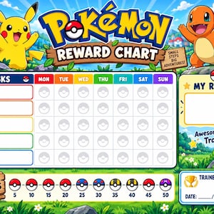 Peut inclure: Un tableau de récompenses Pokemon coloré avec Pikachu et Salamèche. Il comprend une grille de tâches hebdomadaires, une section 'My Reward', un suivi de progression avec des icônes de Poké Ball et un espace 'Trainer of the Week'.